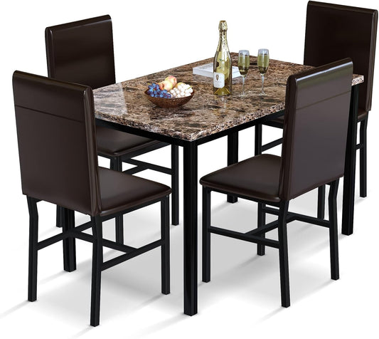 AWQM 5-Piece Faux Marble Dining Table Set with 4 Upholstered Chairs