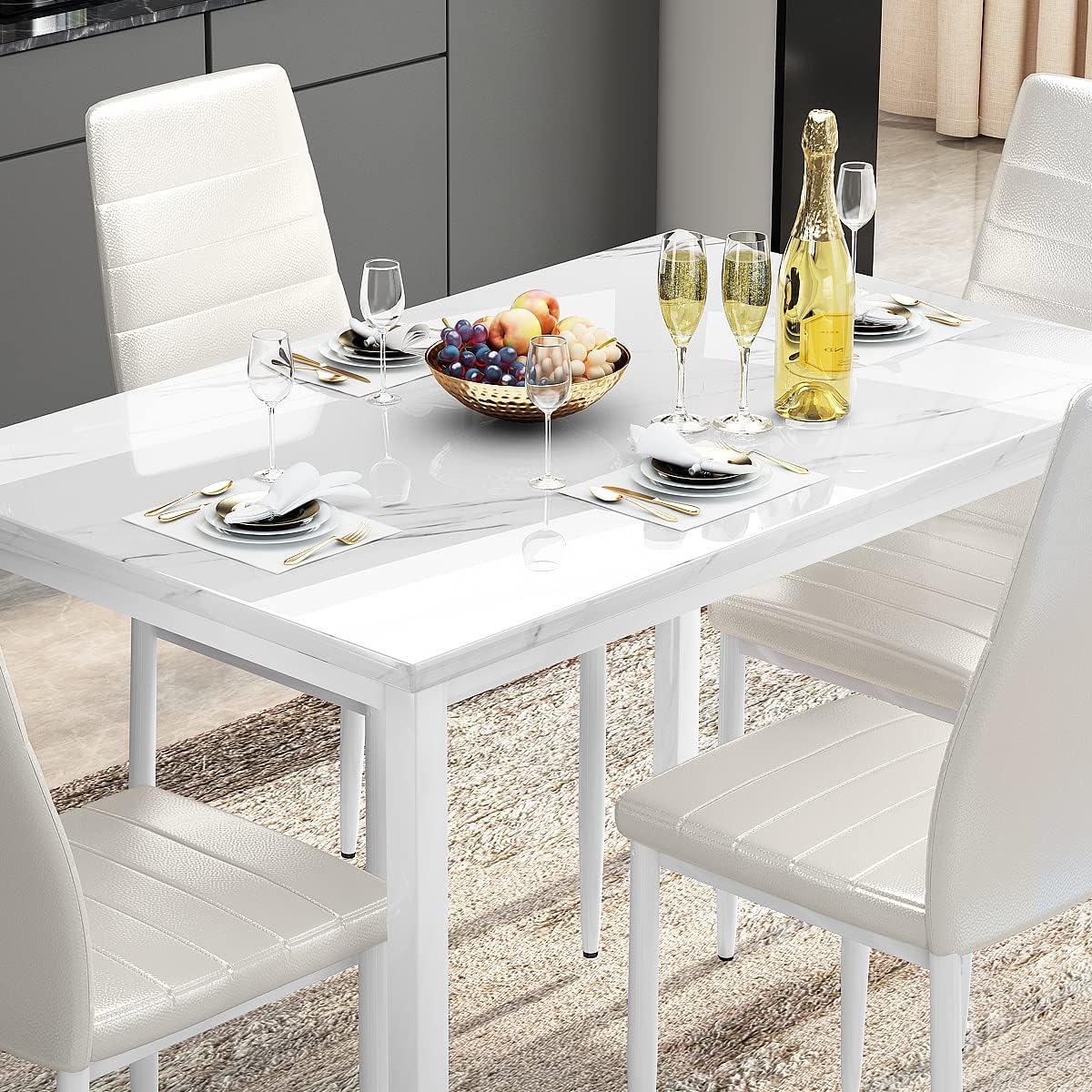 AWQM 5-Piece Faux Marble Dining Table Set with 4 Upholstered Chairs