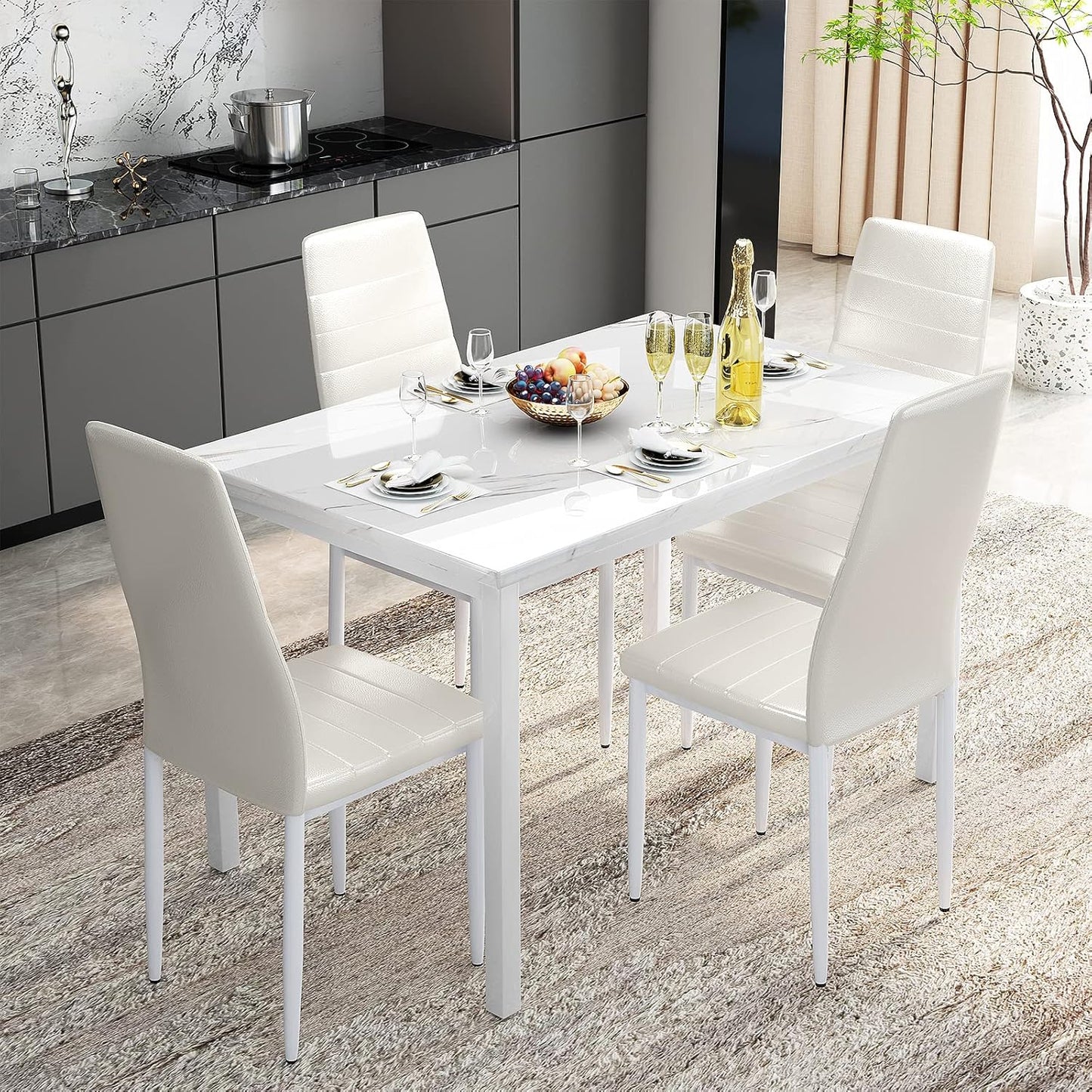 AWQM 5-Piece Faux Marble Dining Table Set with 4 Upholstered Chairs