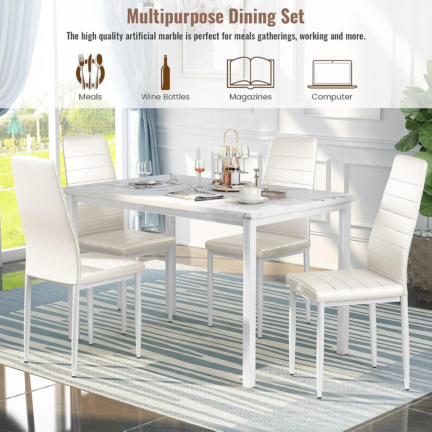 AWQM 5-Piece Faux Marble Dining Table Set with 4 Upholstered Chairs