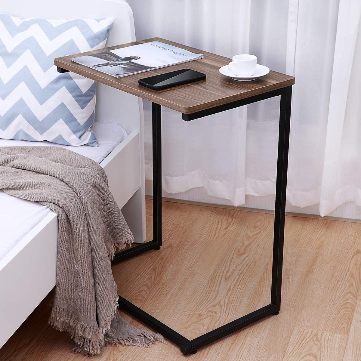 Modern C-Shaped Side Table – Wood Black Metal
