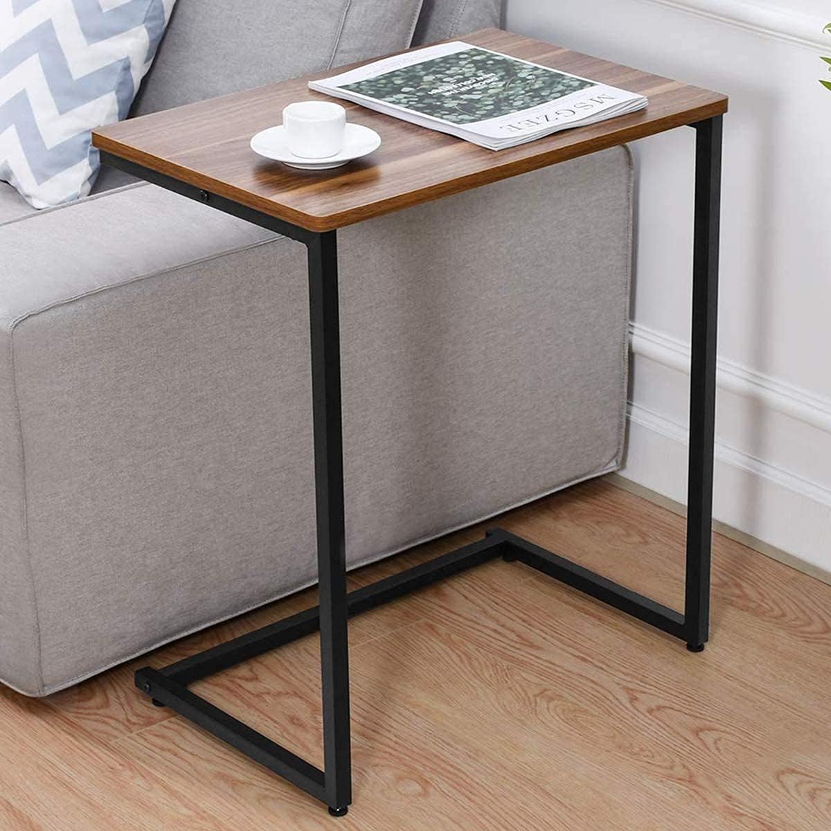 Modern C-Shaped Side Table – Wood Black Metal